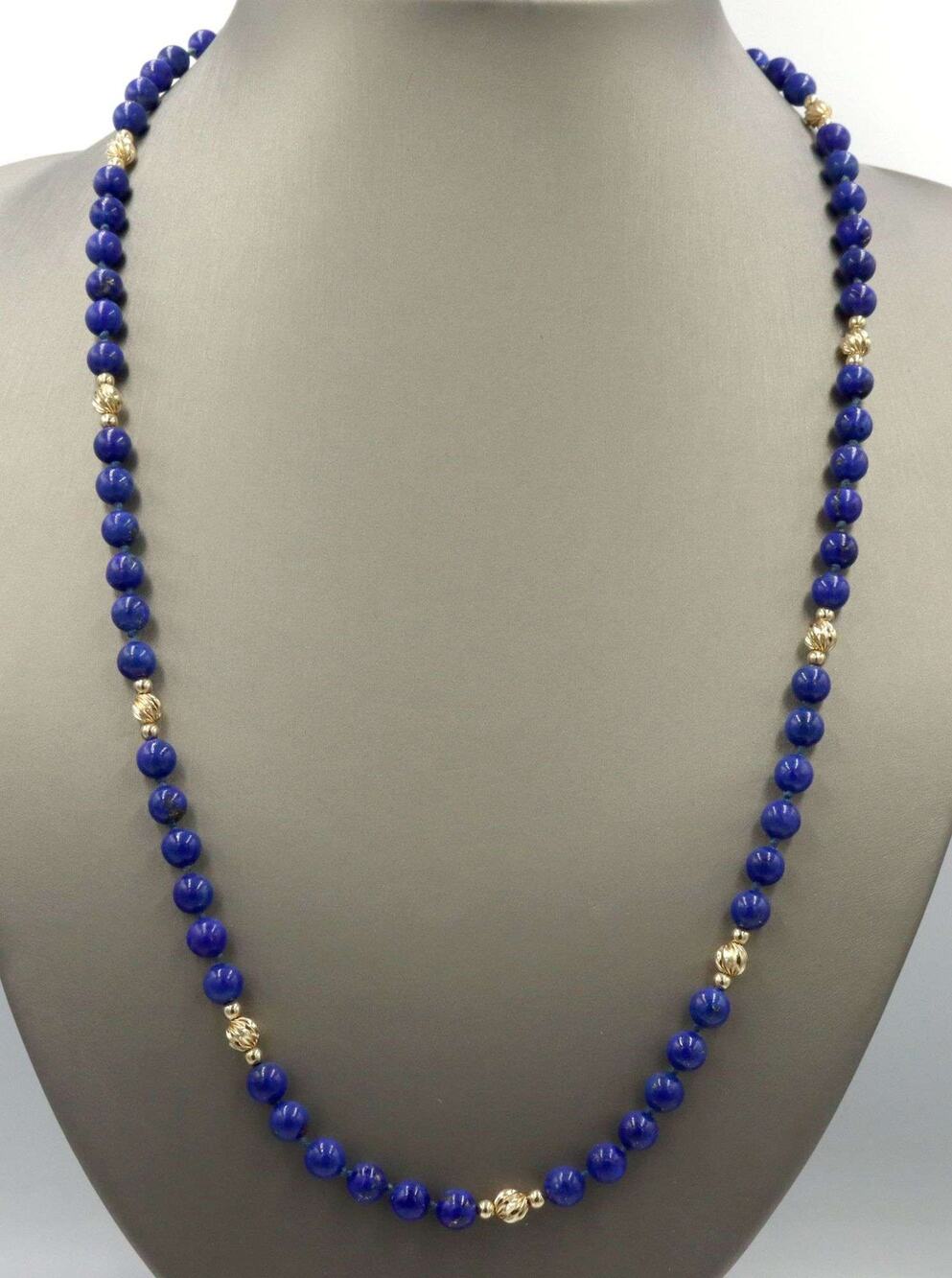 Lapis Lazuli Bead Necklace w 14K Gold Stations 24” 23g